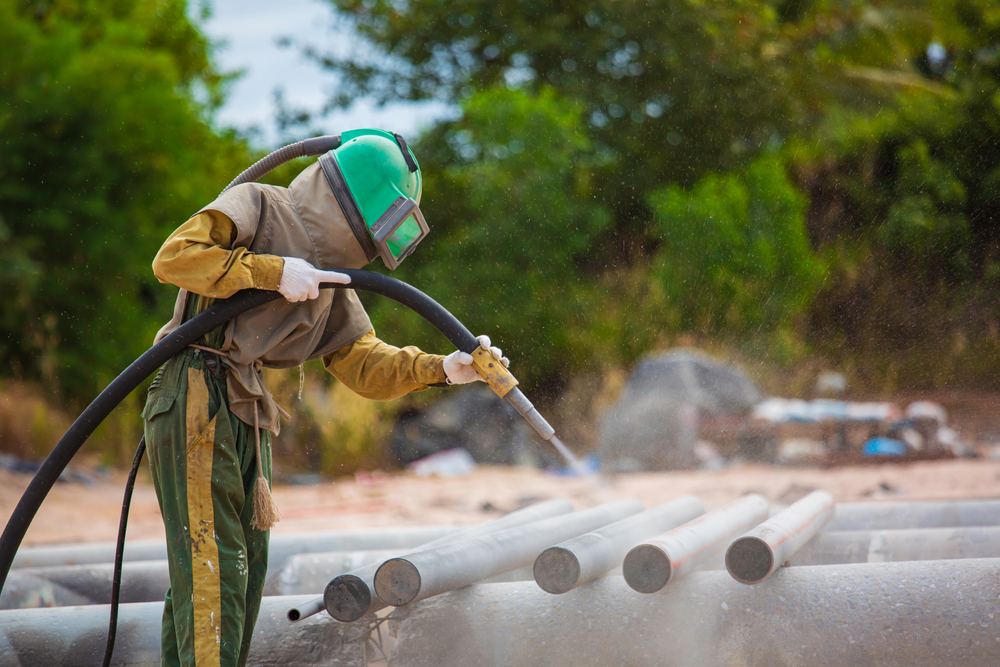 Male,Worker,Sand,Blasting,Process,Cleaning,Pipeline,Surface,On,Steel